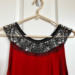 Deep Red Fishtail Tank top with Metallic charcoal gray lace crocheted collar.